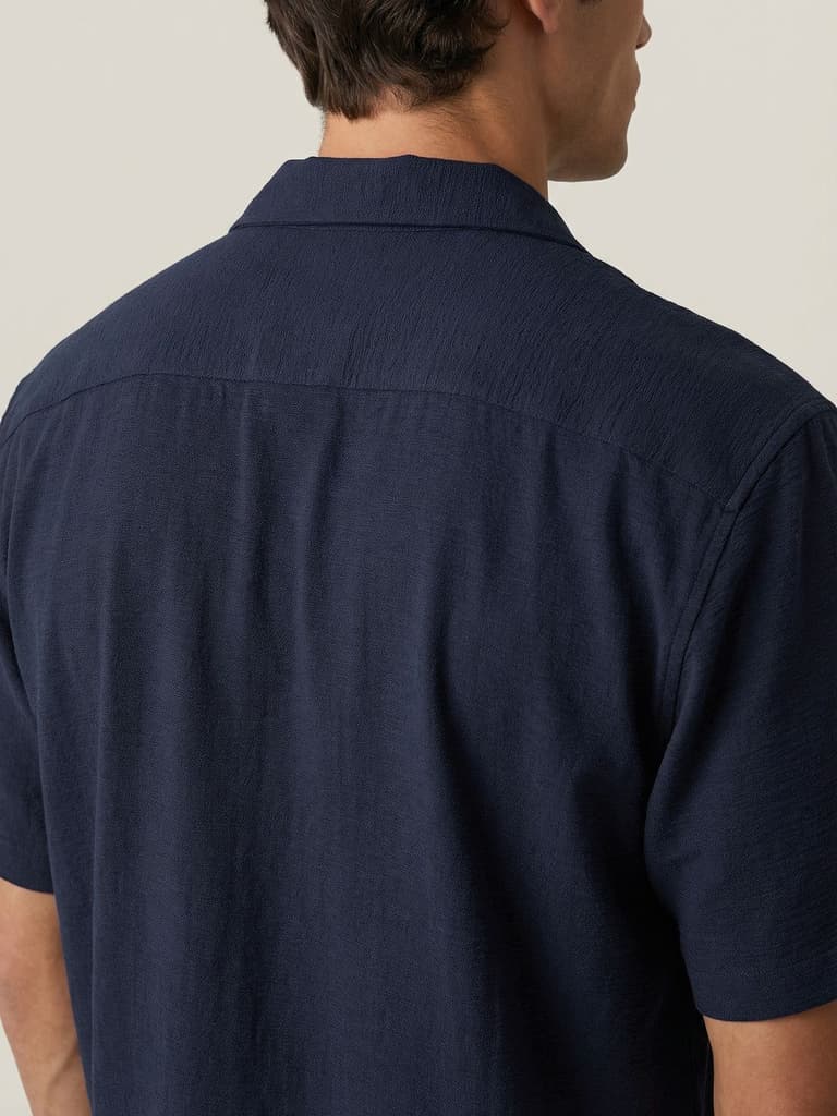 Men's Navy Cotton Half Sleeve Relaxed Fit Textured Shirt with Cuban Collar — photo 6