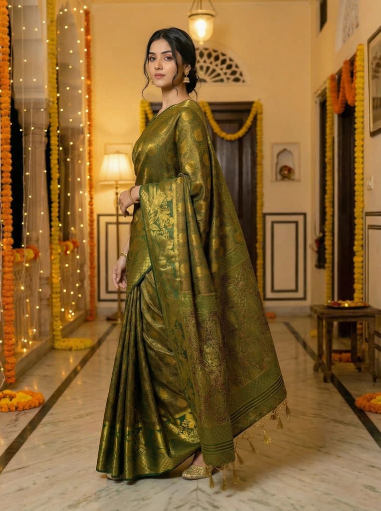MIMOSA Women's Woven Design Kanjivaram Style Art Silk Saree with Blouse Piece - Green ( SA00003143GRNFREE ) — photo 3