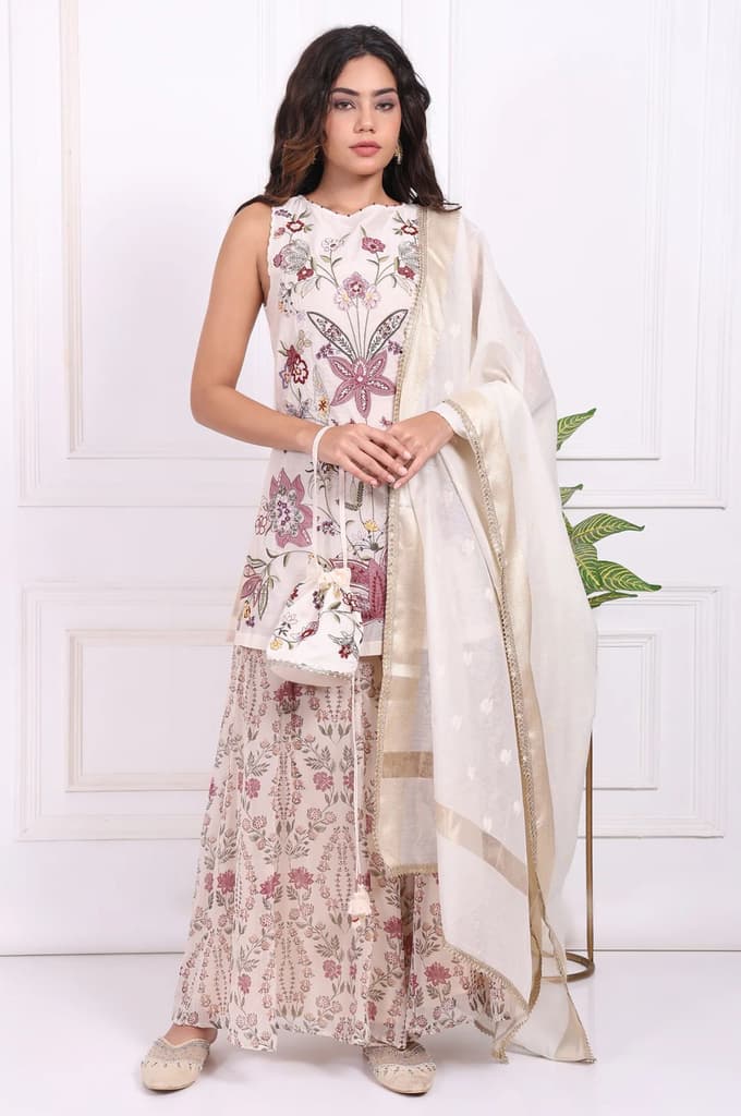 White Embroidered Straight Cotton Kurta with Flared Pant and Dupatta Set — photo 3