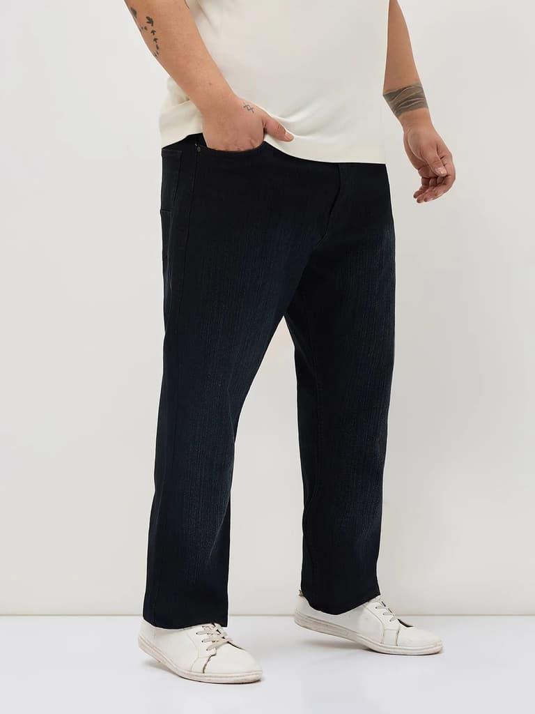 Plus Men's Black Straight Fit Washed Denim Jeans Stretchable — photo 2