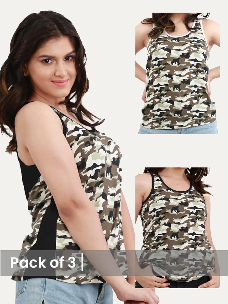 Camouflage Printed Women's Tanks (Pack of 3) — Kate Black; Kate White; Stacy Black / S