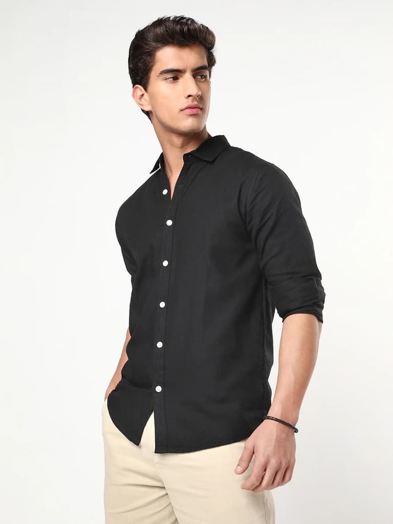 Men's Black Linen Blend Full Sleeve Relaxed Fit Casual Solid Shirt — photo 2