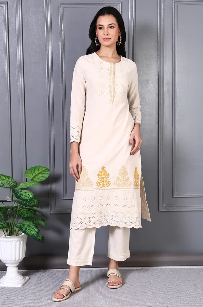 Off White Embroidered Cotton Flax Straight Kurta and Trousers Co-ord Set — photo 2