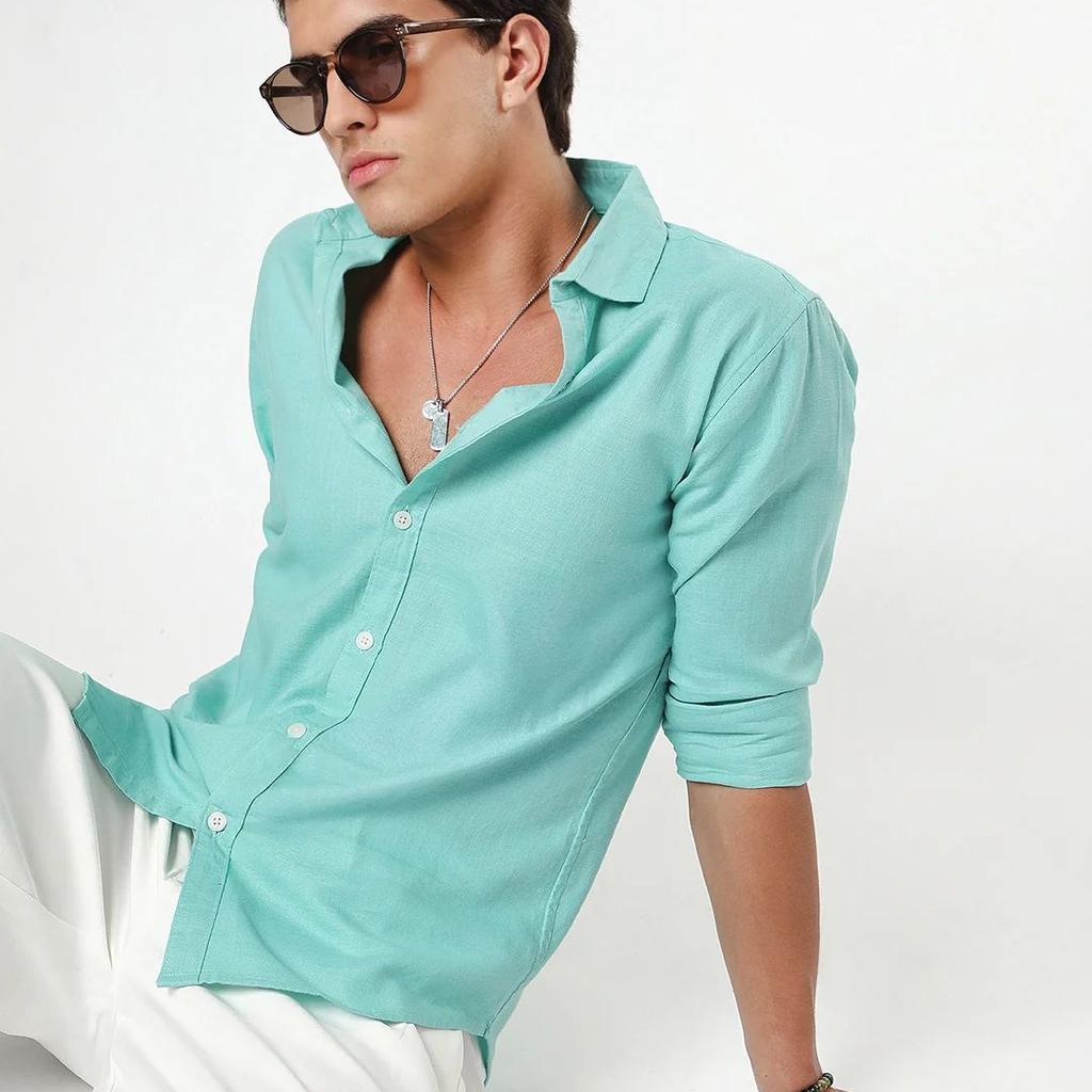 Men's Light Teal Linen Blend Full Sleeve Relaxed Fit Casual Solid Shirt