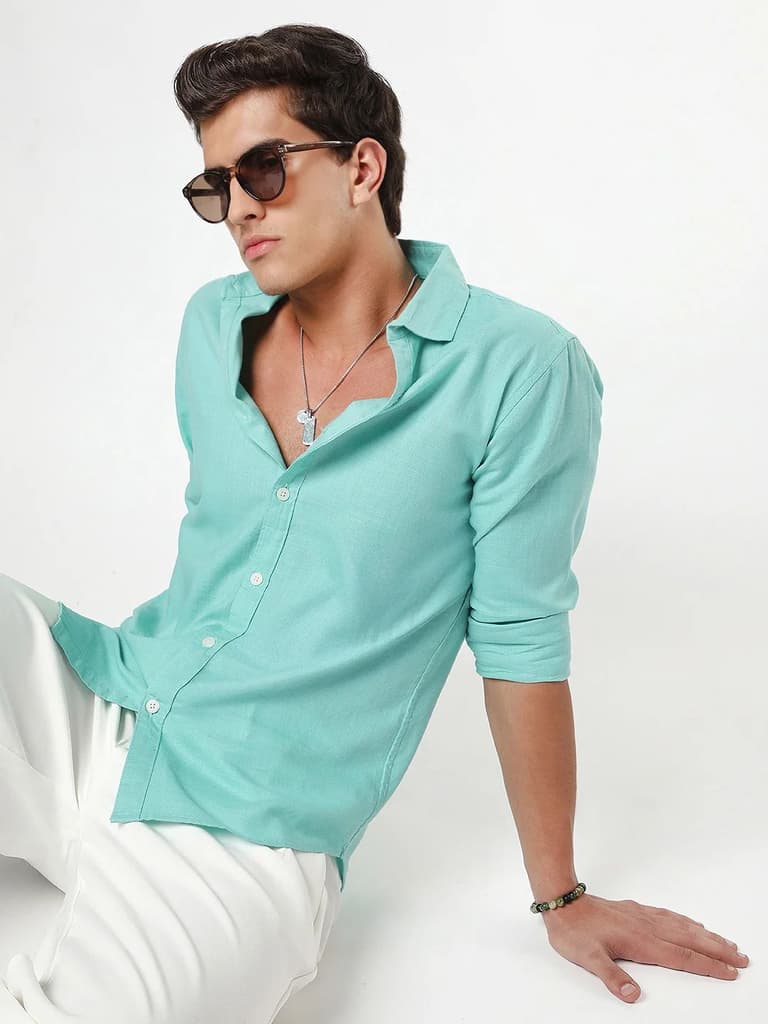 Men's Light Teal Linen Blend Full Sleeve Relaxed Fit Casual Solid Shirt — S / Light Teal