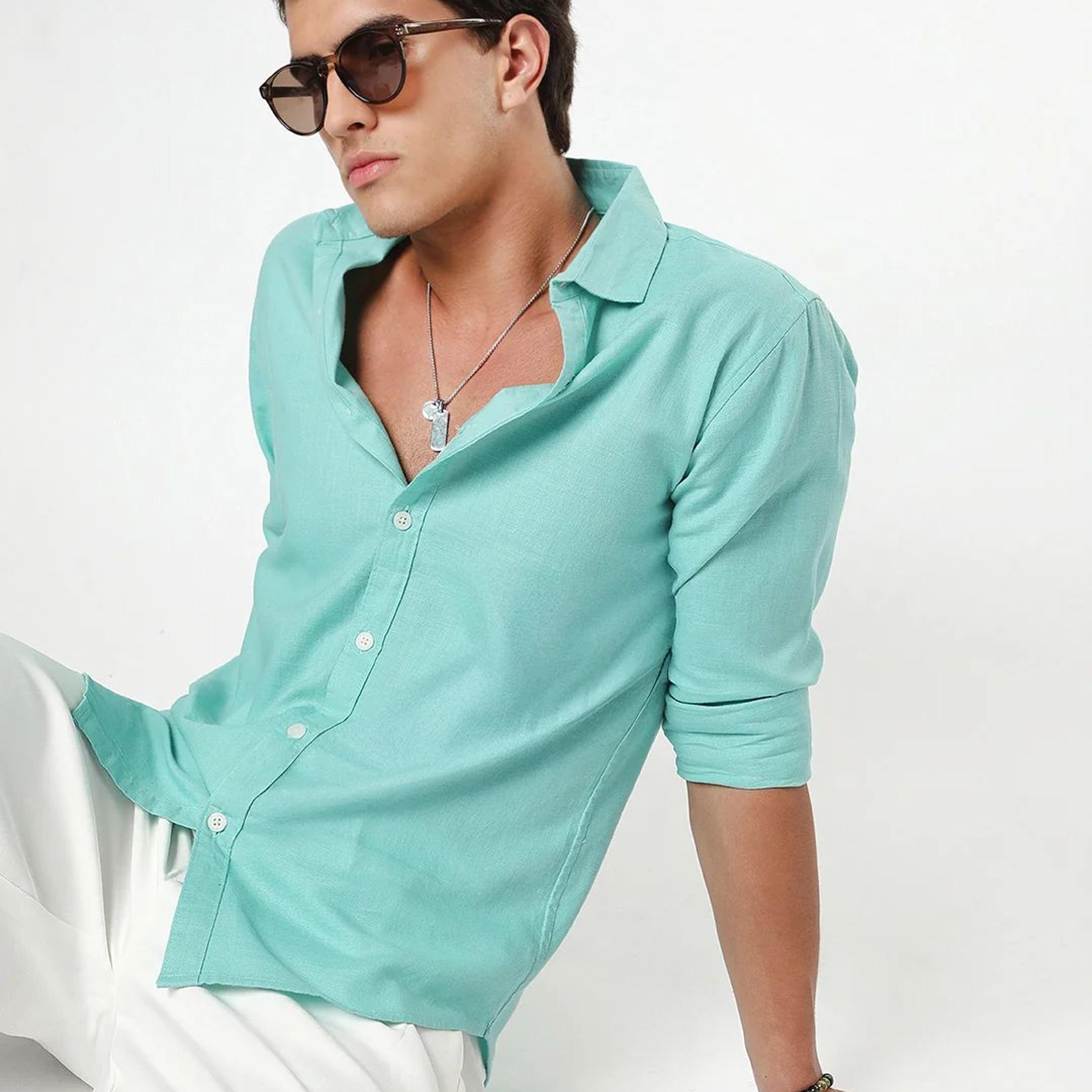 Men's Light Teal Linen Blend Full Sleeve Relaxed Fit Casual Solid Shirt