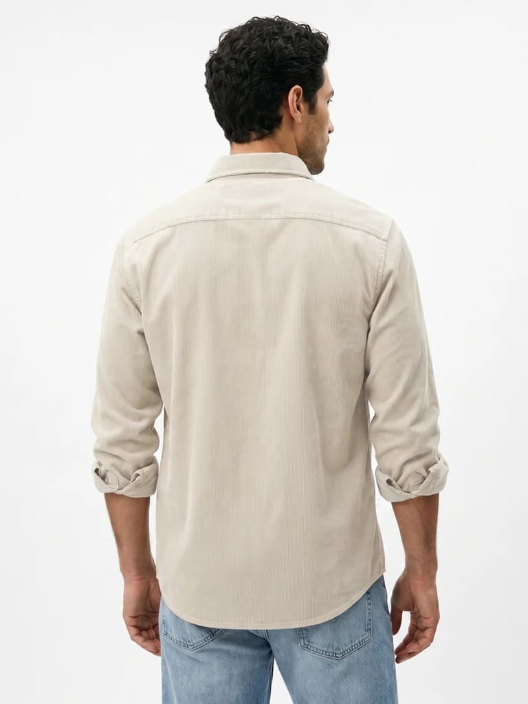 Men's White Corduroy Full Sleeve Regular Fit Solid Overshirt with Utility Pockets — photo 3