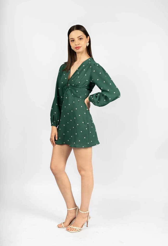 Bottle Green Polka Dot Fit & Flare Dress in Viscose Moss — photo 5