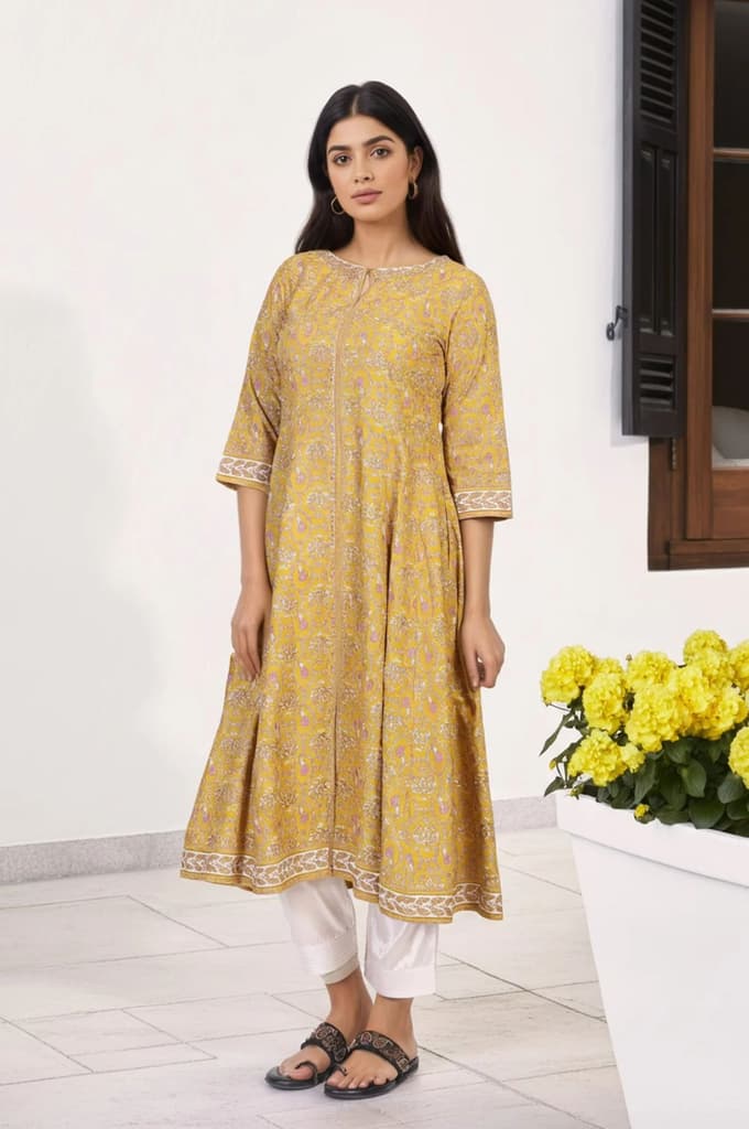 Mustard Floral Printed Rayon A-Line Kurta with Straight Pant — photo 4
