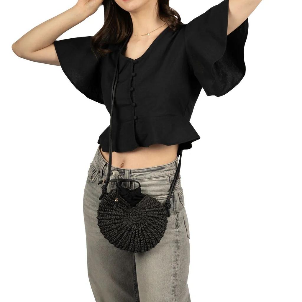 Black Cotton Linen Fitted Crop Top