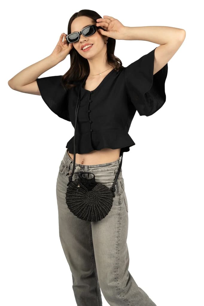 Black Cotton Linen Fitted Crop Top