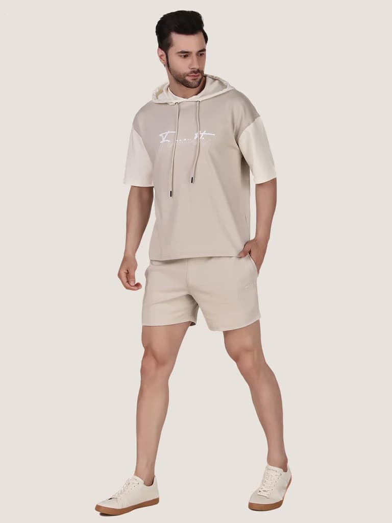 Unisex Ecru Colourblock Half Sleeve Co-Ord Set — photo 2