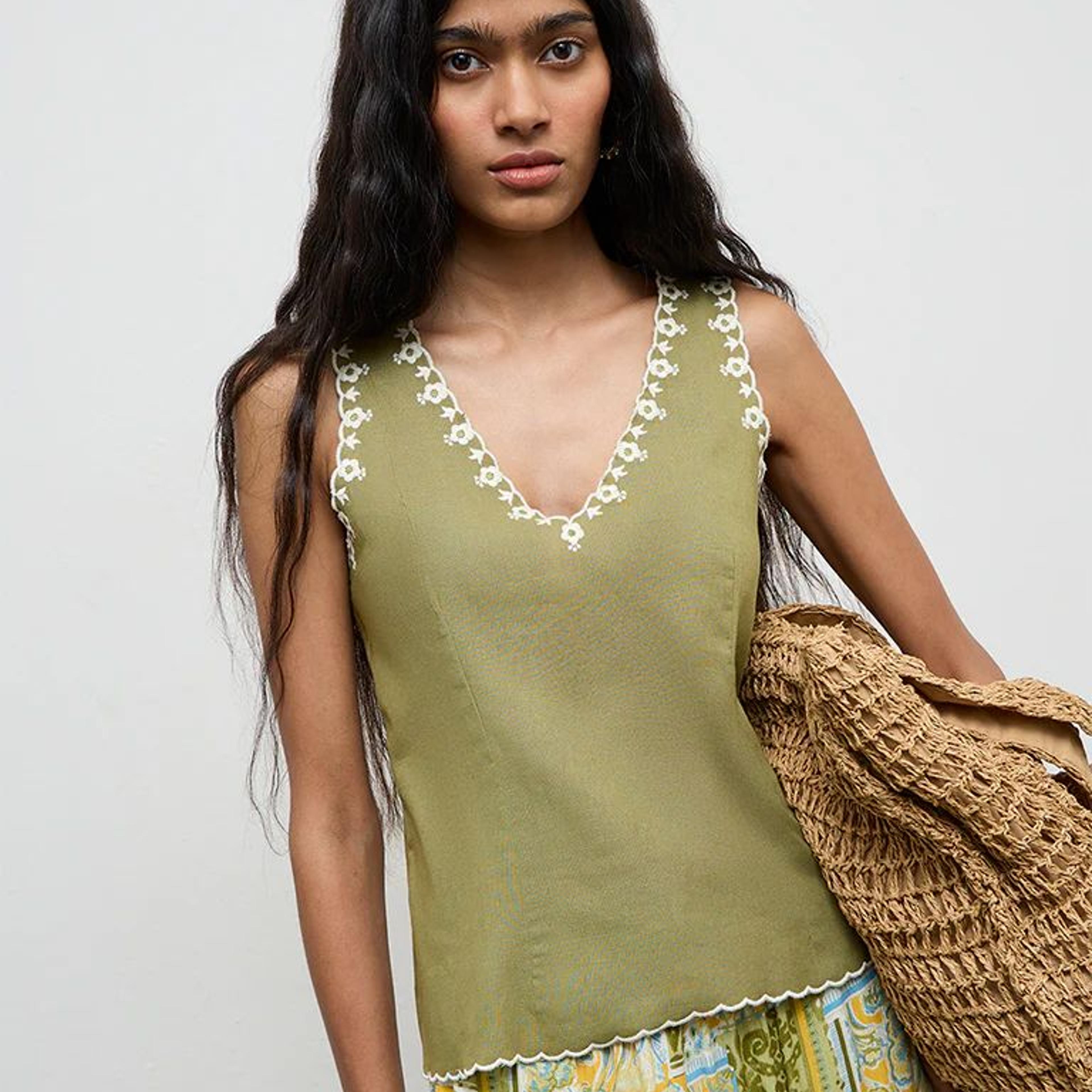 Bombay Paisley Olive Embroidered Cotton-Blend Top