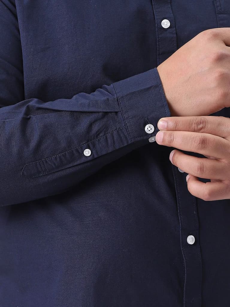 Plus Men's Navy Cotton Full Sleeve Regular Fit Casual Solid Slub Shirt with Spread Collar — photo 6