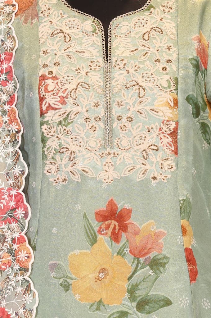 Green Floral Embroidered Straight Kurta with Pants and Dupatta Set — photo 2