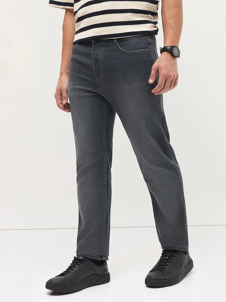 Men's Dark Grey Straight Fit Washed Denim Jeans Stretchable — photo 3
