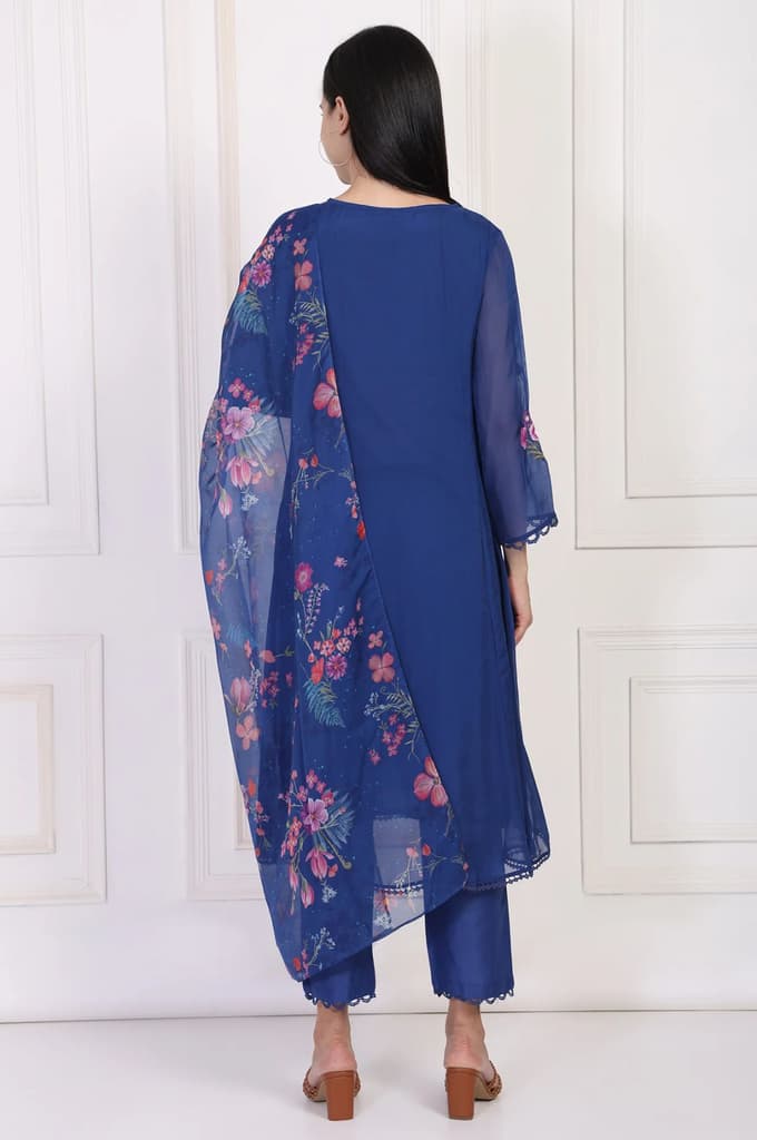 Blue Embroidered A-Line Organza Kurta with Straight Pant and Dupatta Set — photo 5