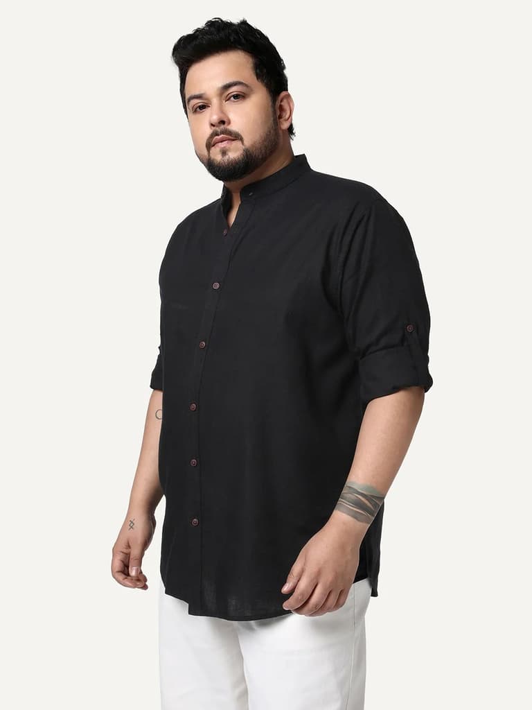 Plus Men's Black Linen Blend Full Sleeve Relaxed Fit Mandarin Collar Casual Solid Shirt — photo 2