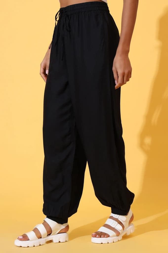 Black Solid Ankle Length Rayon Harem Pants — photo 3