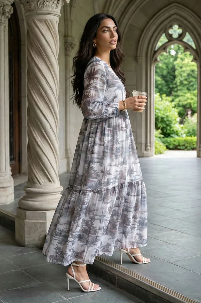 Grey Floral Printed Silver Chiffon Flared Dress — photo 2