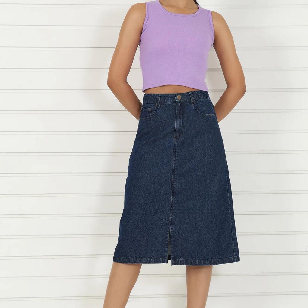 Blue Denim Mid Rise Calf Length Skirt with YKK Zipper