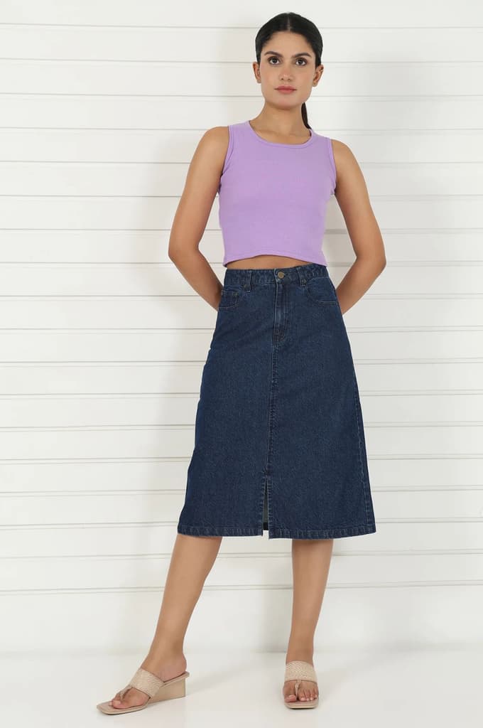 Blue Denim Mid Rise Calf Length Skirt with YKK Zipper