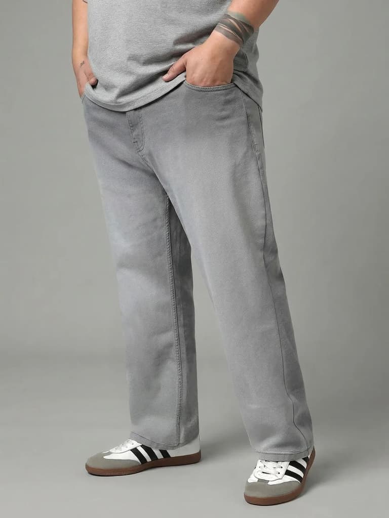 Plus Men's Ice Grey Straight Fit Heavy Washed Faded Denim Jeans Stretchable — photo 2