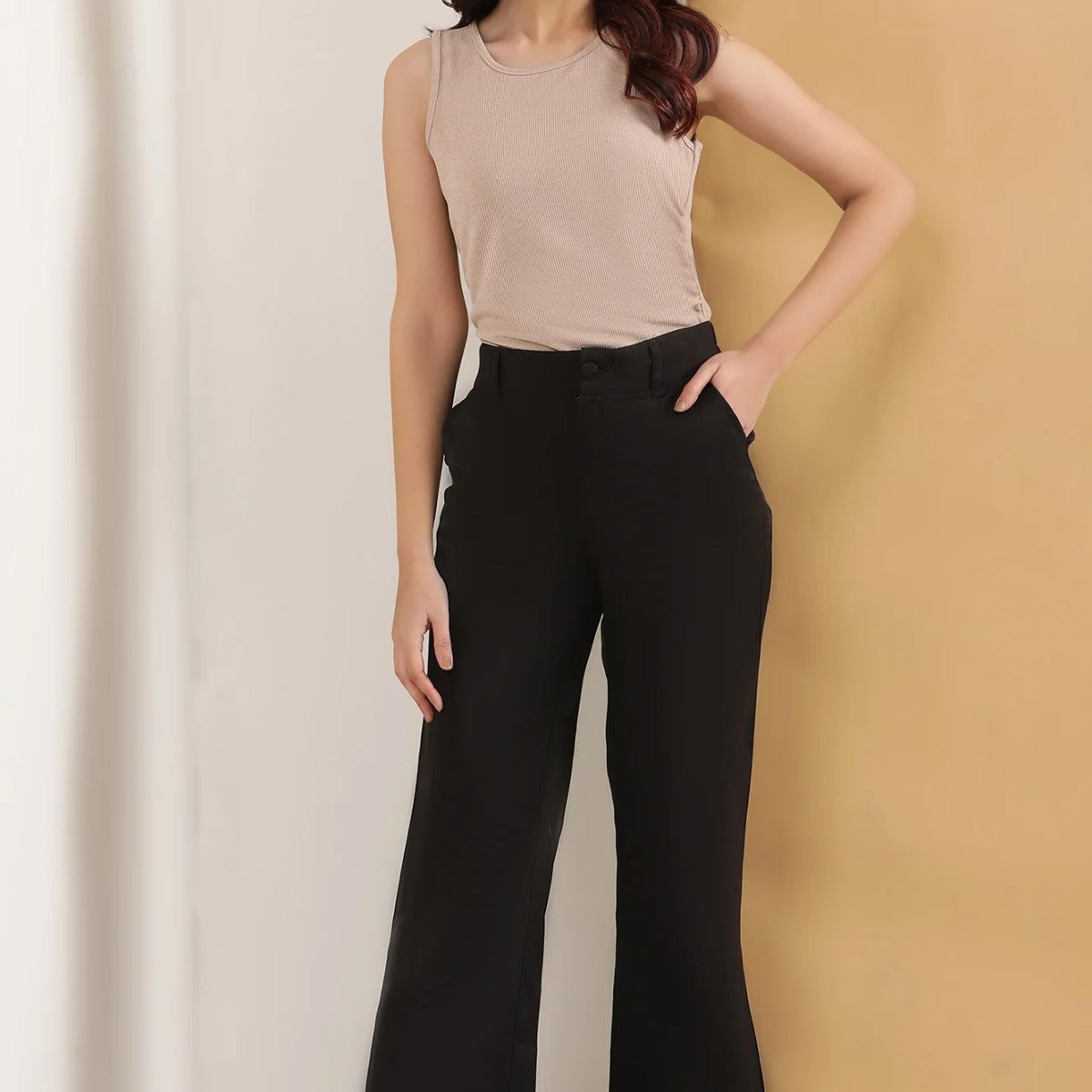 Black Solid Straight Fit Rayon Pants With Button And Zip Closure