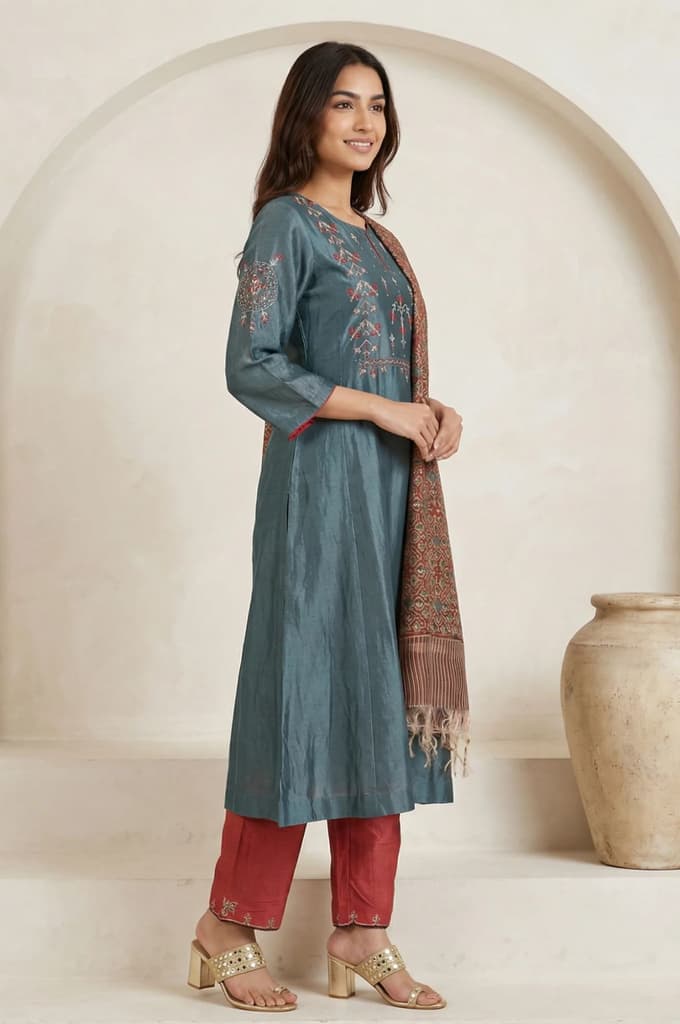 Teal Embroidered Silk Blend A-line Kurta with Straight Pants and Dupatta Set — photo 5