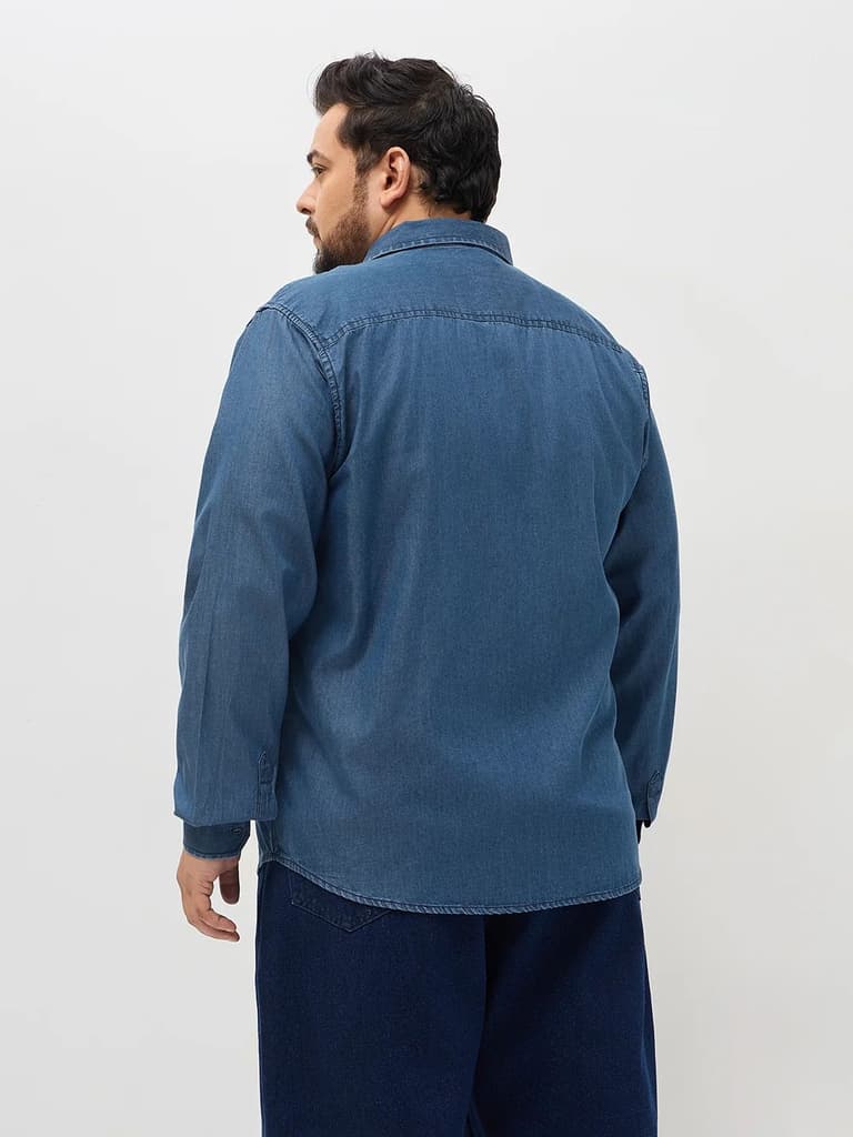 Plus Men's Blue Regular Fit Full Sleeve Solid Denim Shirt — photo 3