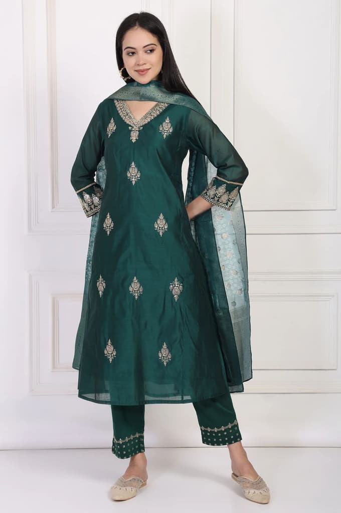 Green Embroidered A-Line Silk Kurta with Straight Pant and Dupatta Set — XS