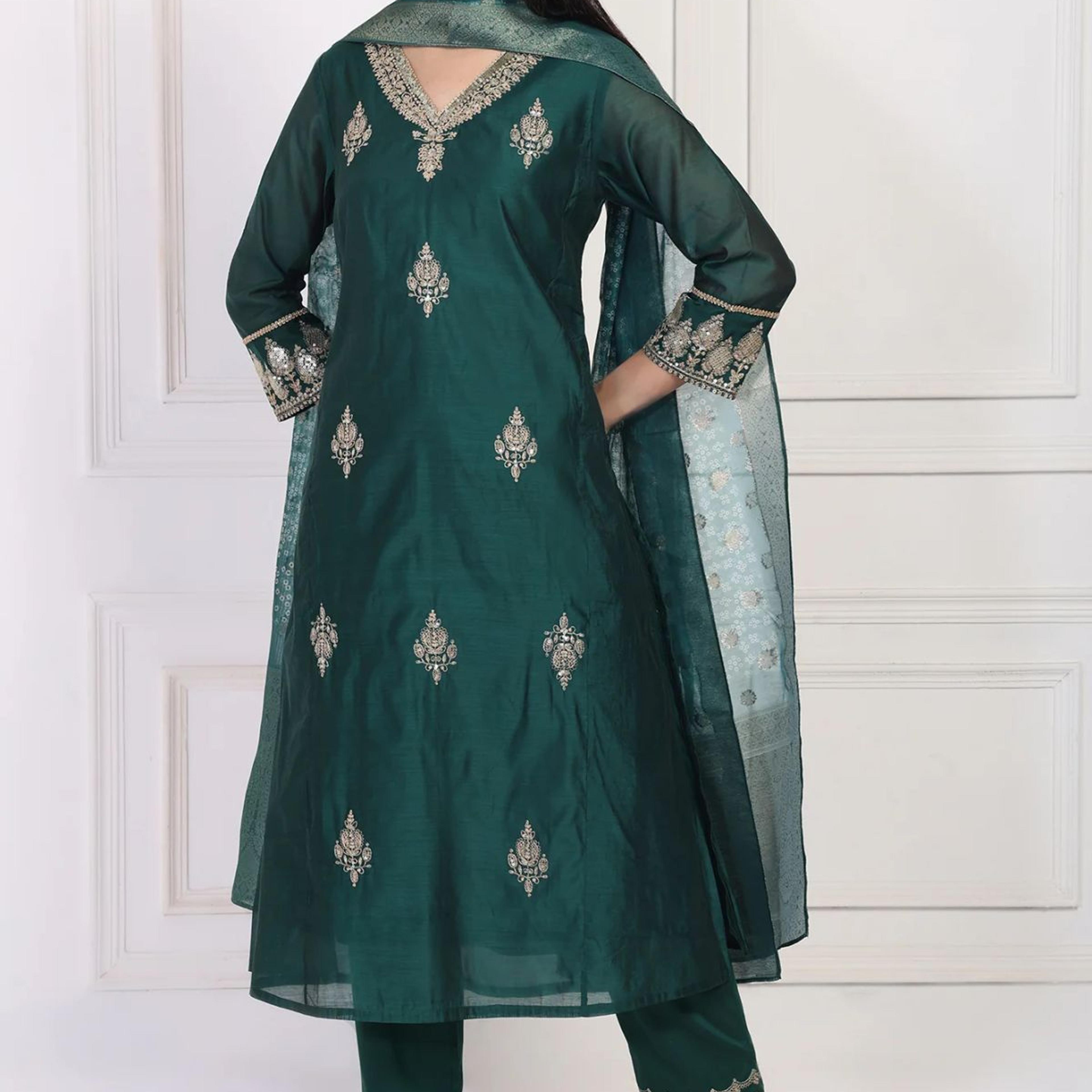 Green Embroidered A-Line Silk Kurta with Straight Pant and Dupatta Set