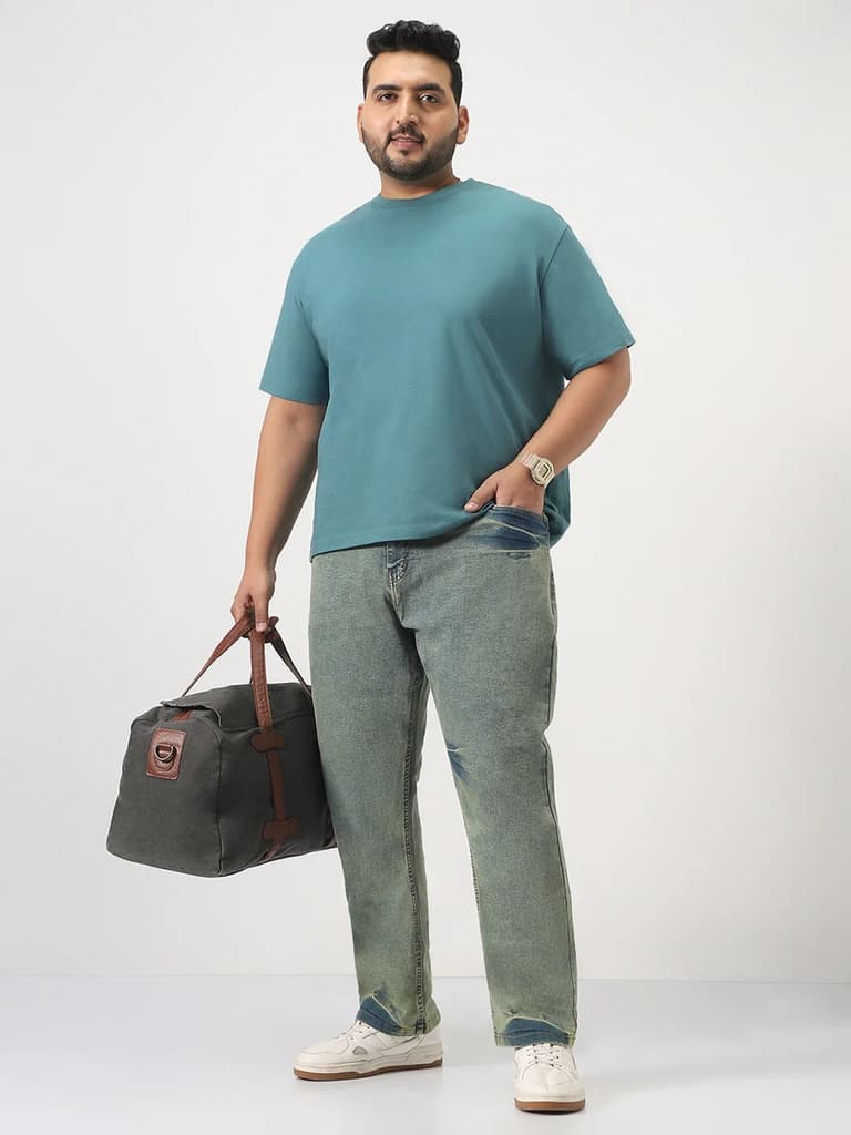 Plus Men's Ice Blue Straight Fit Heavy Washed Jeans Stretchable — photo 4