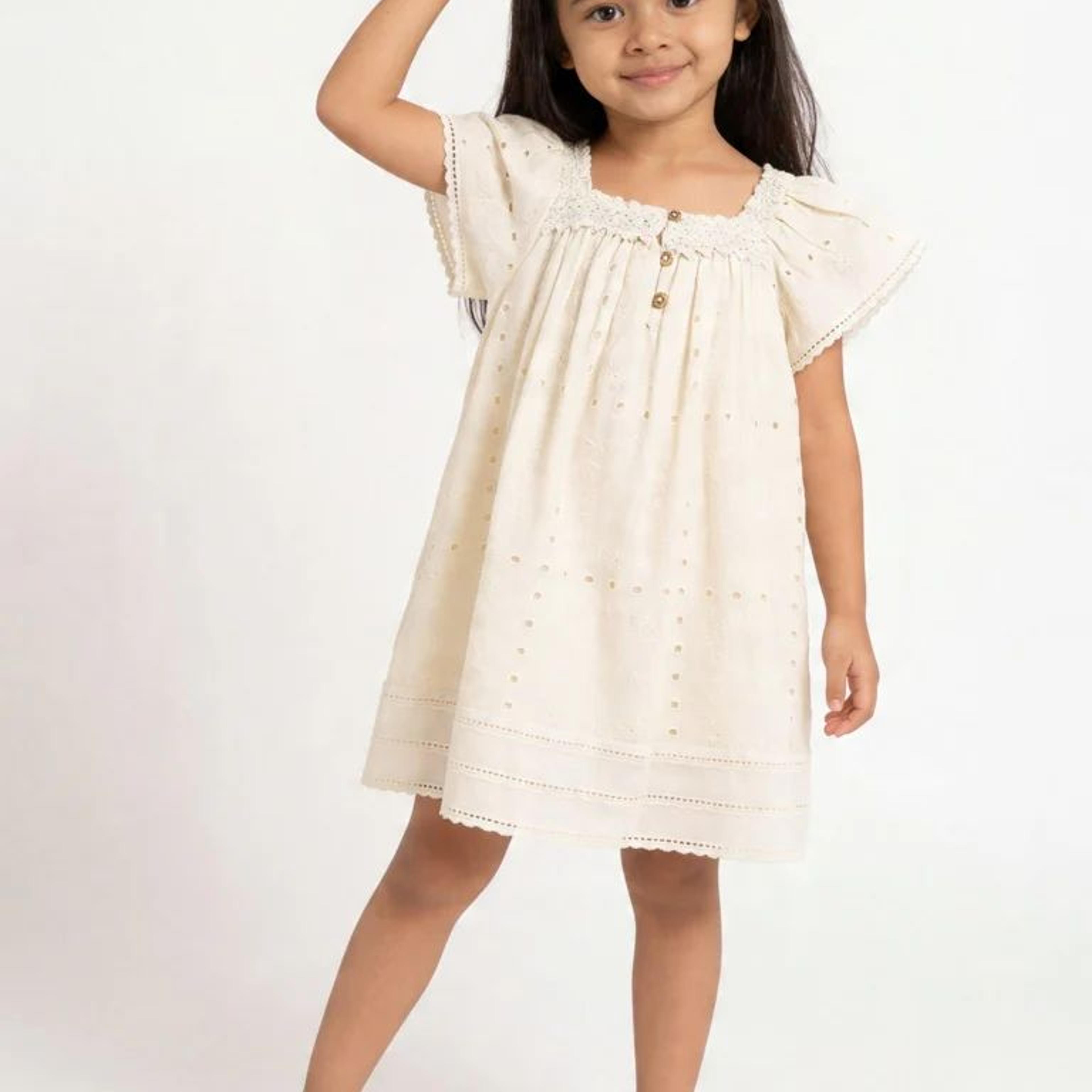 HOP Kids Girls Light Yellow Schiffli Design A-Line Dress