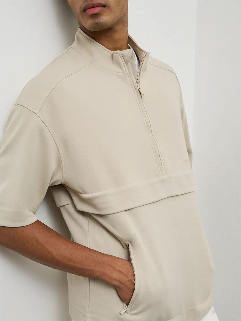 Nuoflexx Beige Relaxed-Fit Cotton-Blend Quarter-Zip Sweatshirt — photo 4