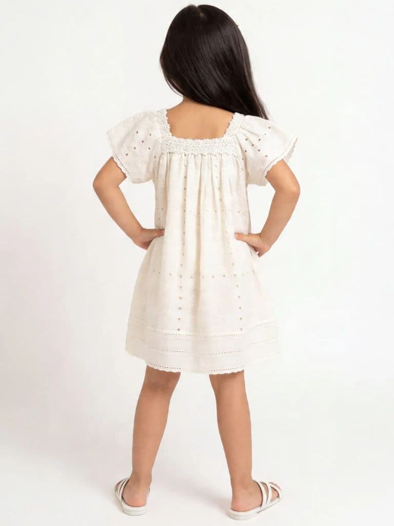 HOP Kids Girls Light Yellow Schiffli Design A-Line Dress — photo 2
