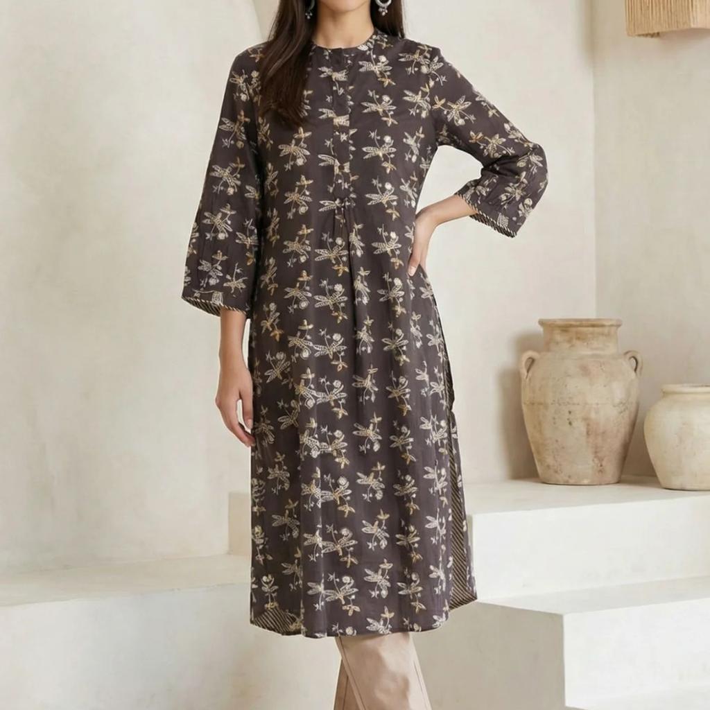 Charcoal Botanical Printed Pure Cotton Pleated Kurta