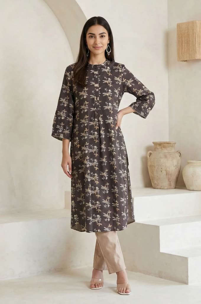 Charcoal Botanical Printed Pure Cotton Pleated Kurta
