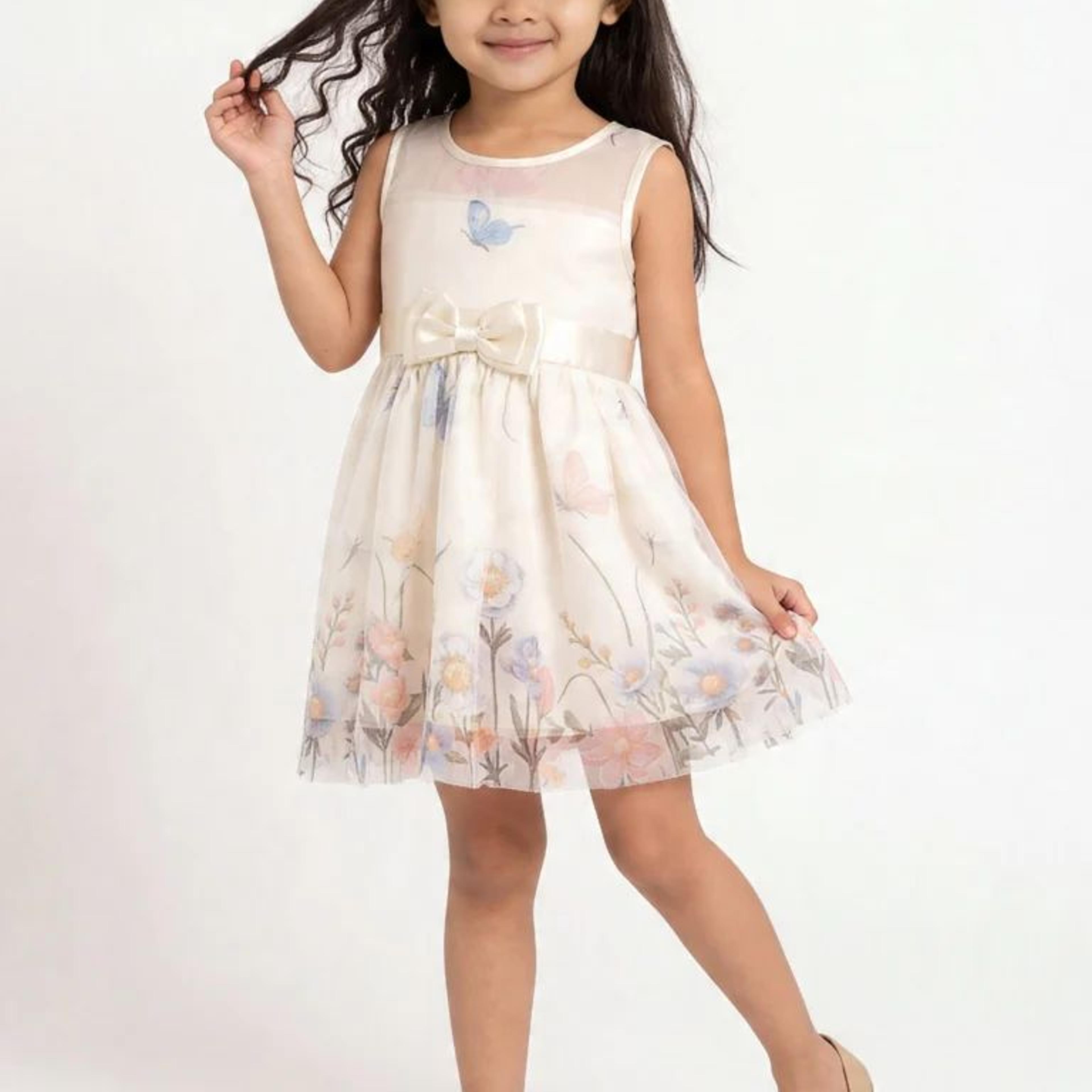 HOP Kids Girls Ivory Floral Printed A-Line Dress