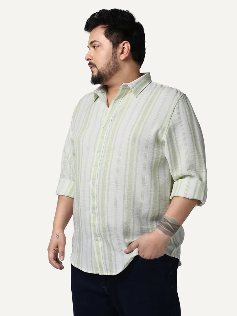 Plus Men's Light Green Cotton Full Sleeve Relaxed Fit Linen Striped Shirt with Spread Collar — photo 2