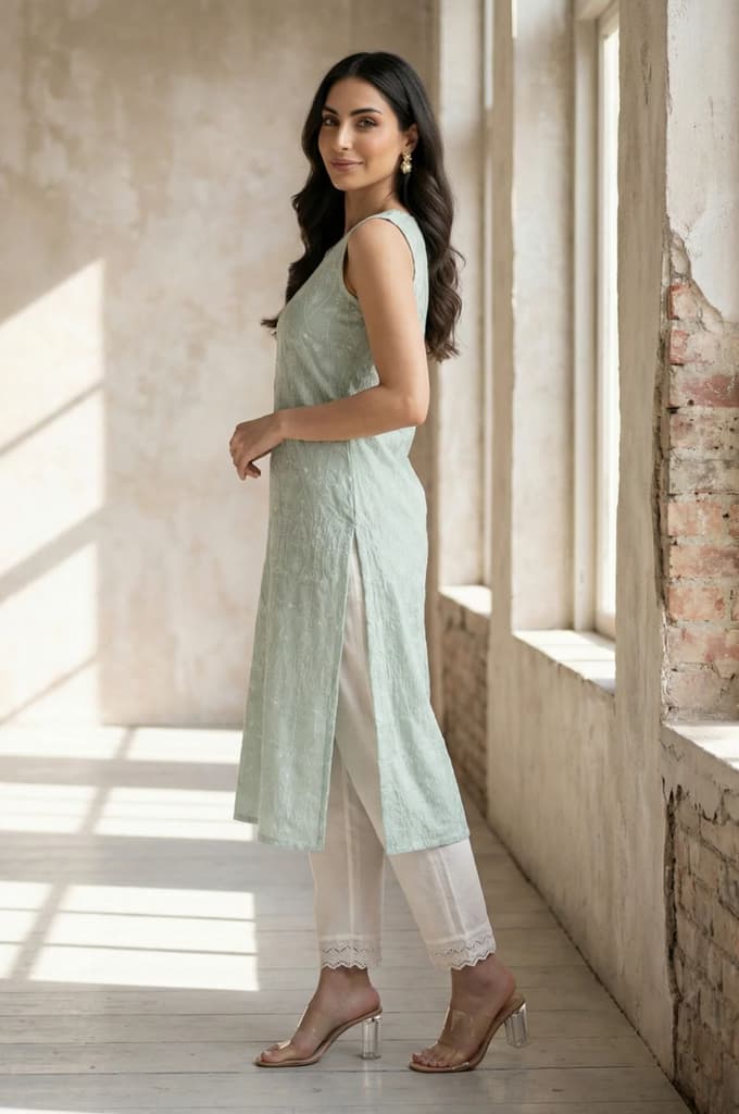 Sea Green Thread Embroidered Rayon Straight Kurta — photo 4
