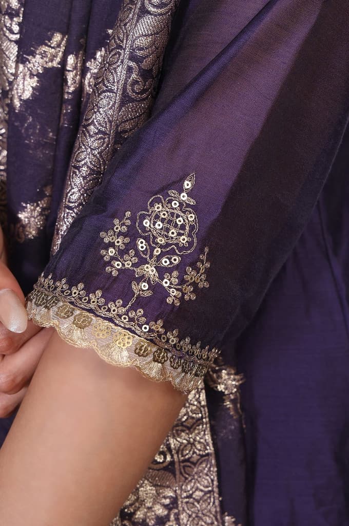 Purple Embroidered A-Line Chanderi Kurta with Flared Pant and Dupatta Set — photo 7