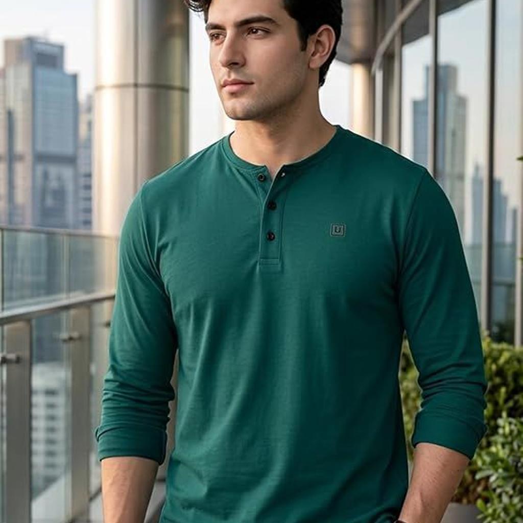Men's Dark Green Solid Henley Neck Slim Fit Cotton T-Shirt