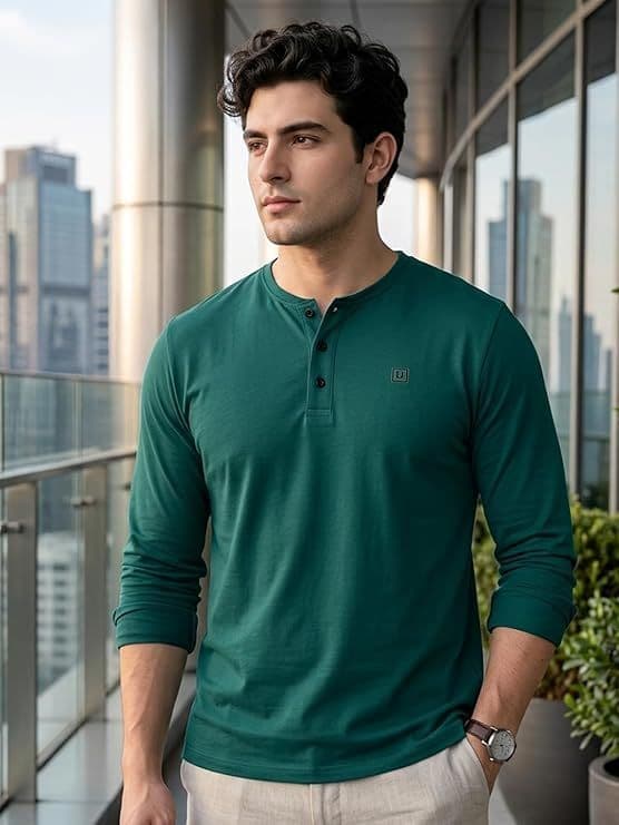 Men's Dark Green Solid Henley Neck Slim Fit Cotton T-Shirt — S / Dark Green