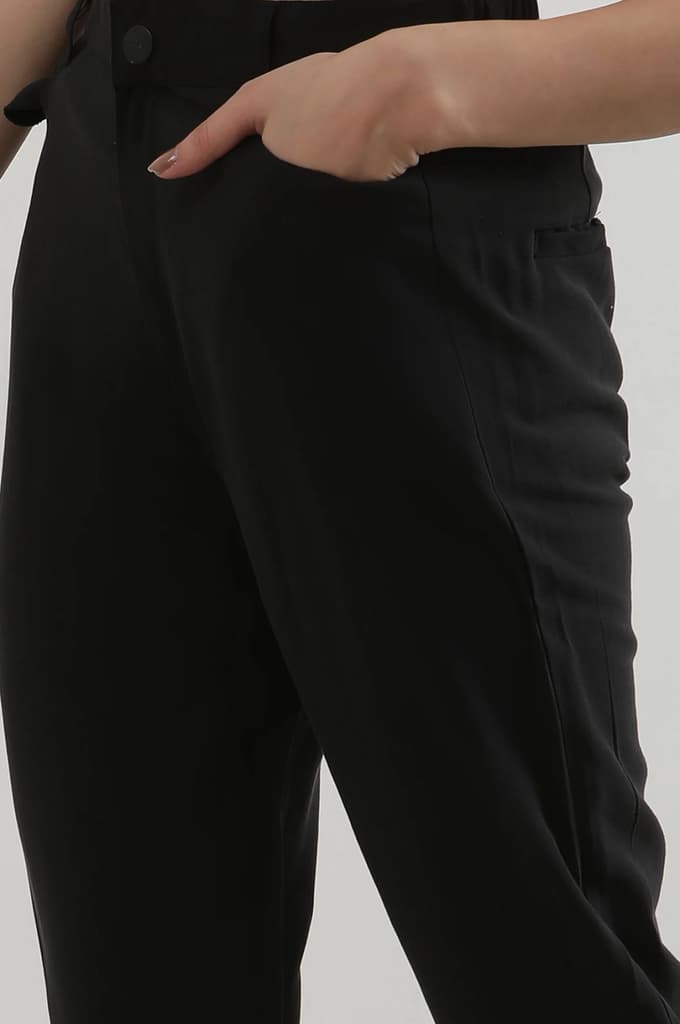 Black Solid Straight Fit Rayon Pants With Button Closure — photo 7