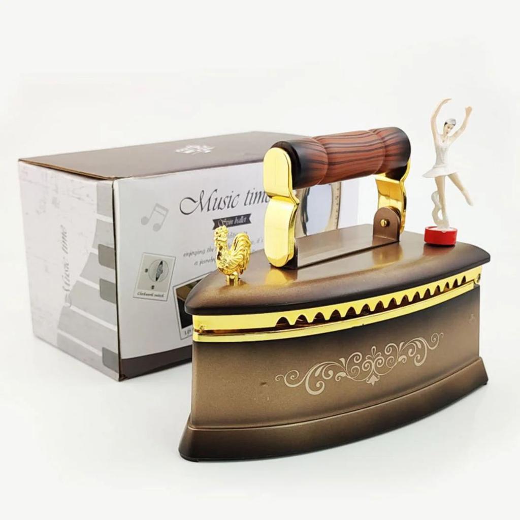 Vintage Steam Iron Music Box with Rotating Ballerina n LED Lights — Brown