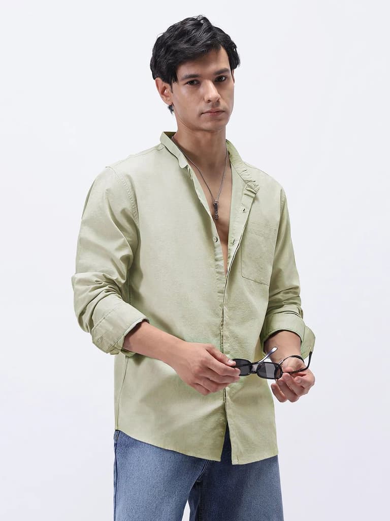 Men's Light Olive Cotton Full Sleeve Regular Fit Casual Solid Shirt with Band Collar — S / Light Olive