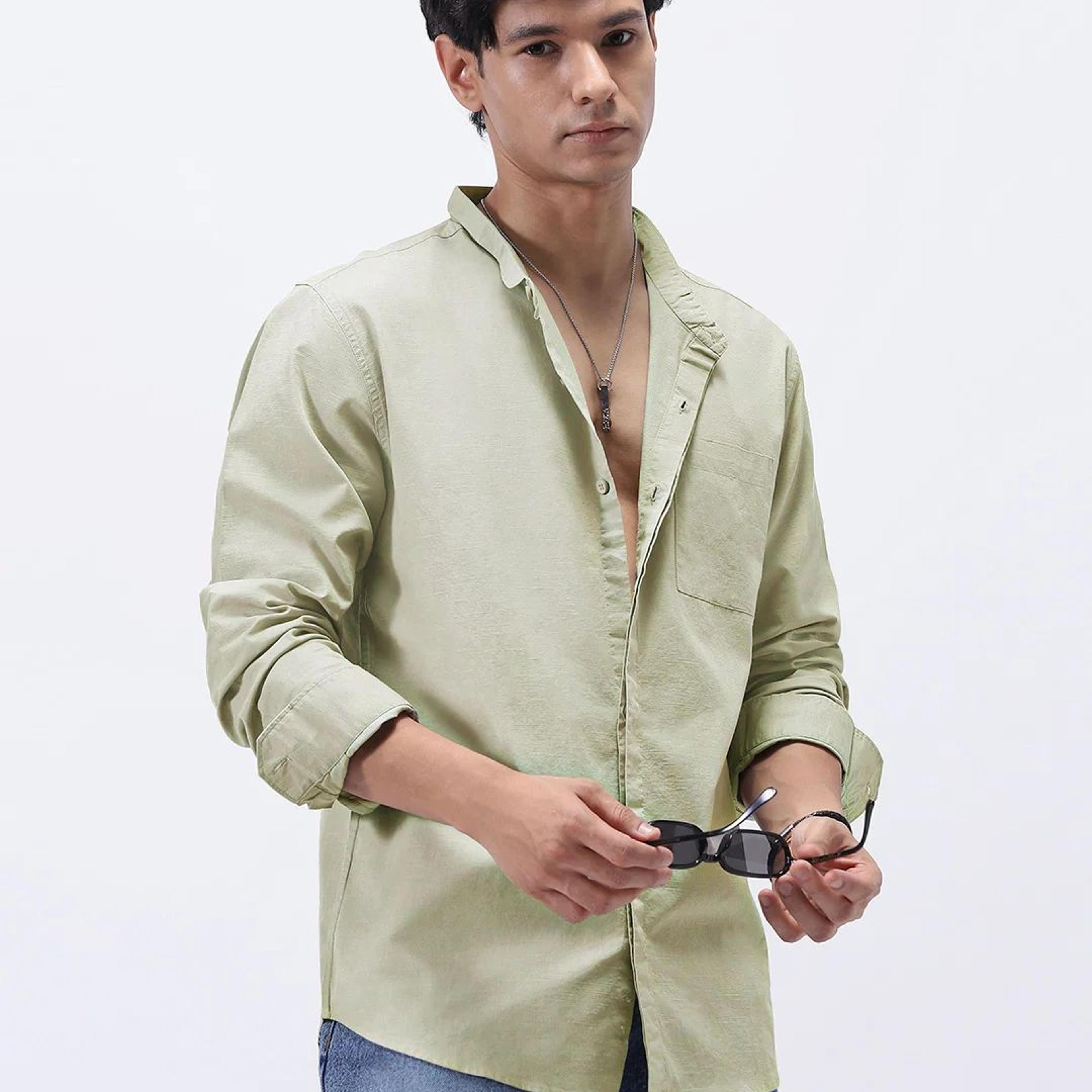 Men's Light Olive Cotton Full Sleeve Regular Fit Casual Solid Shirt with Band Collar
