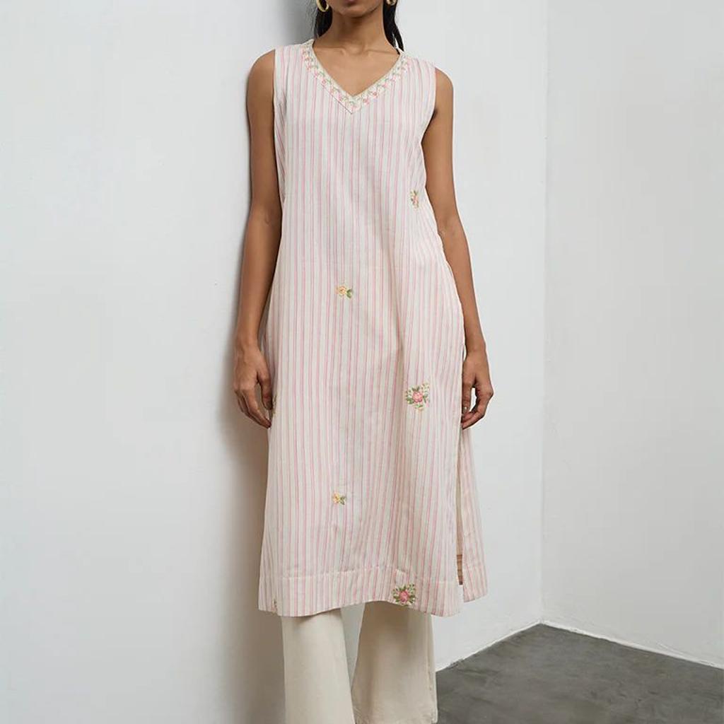Utsa Light Pink Striped A-Line Cotton-Blend Kurta