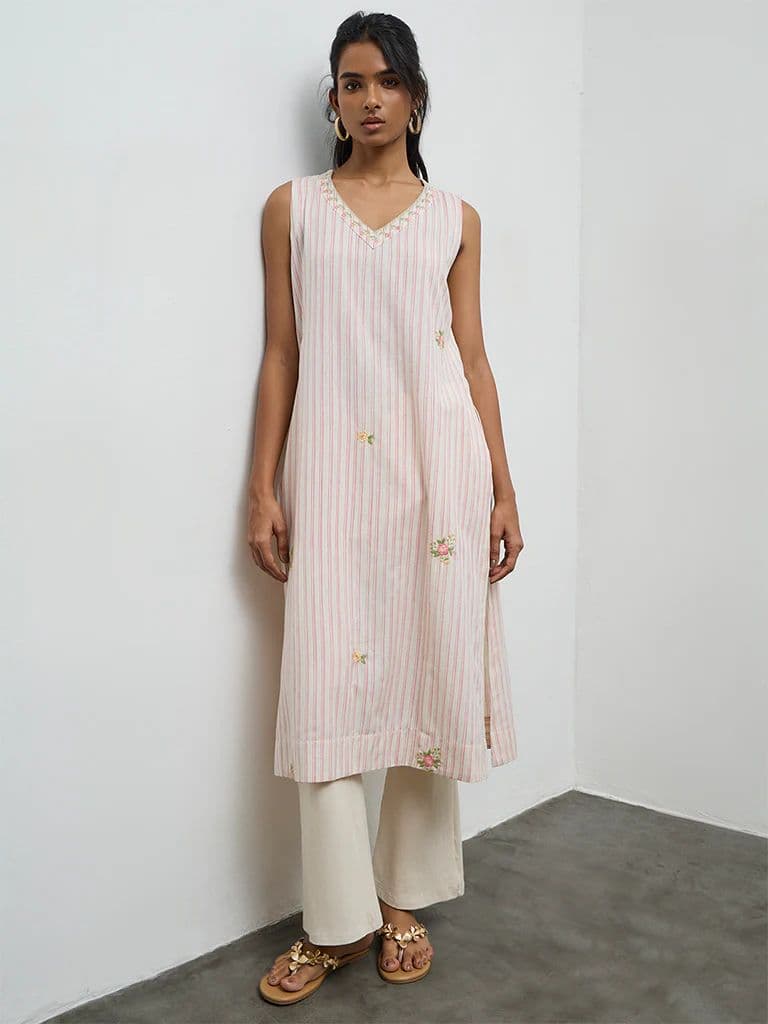 Utsa Light Pink Striped A-Line Cotton-Blend Kurta